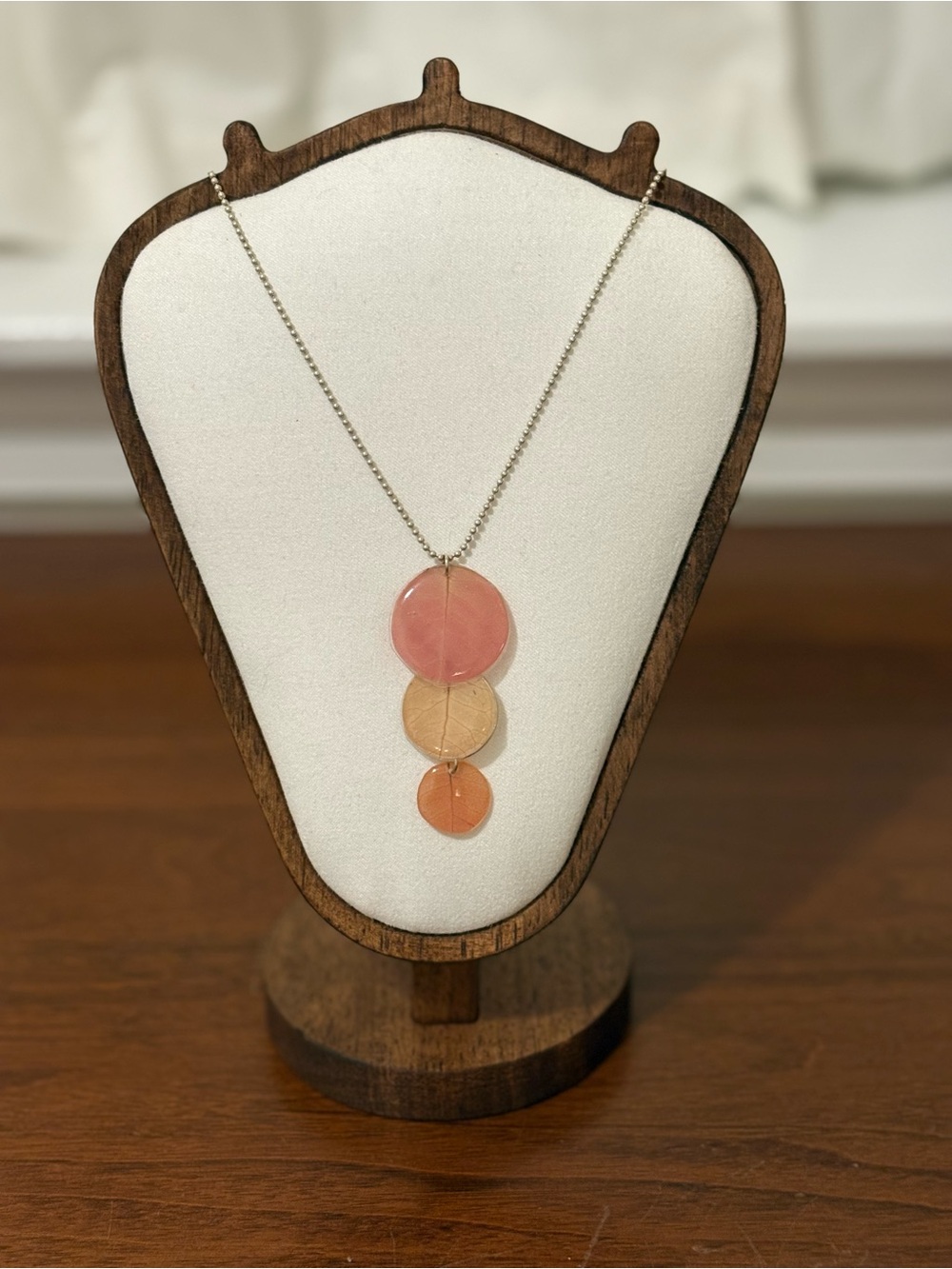 Triple Disk Pendant Necklace in Pink, Peach and Coral